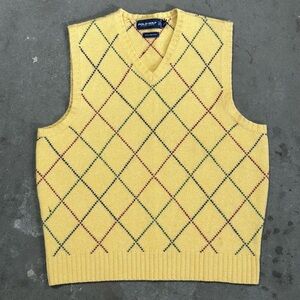 Vintage Polo Golf Ralph Lauren Sweater Vest Yellow Argyle Mens XL Lambs Wool